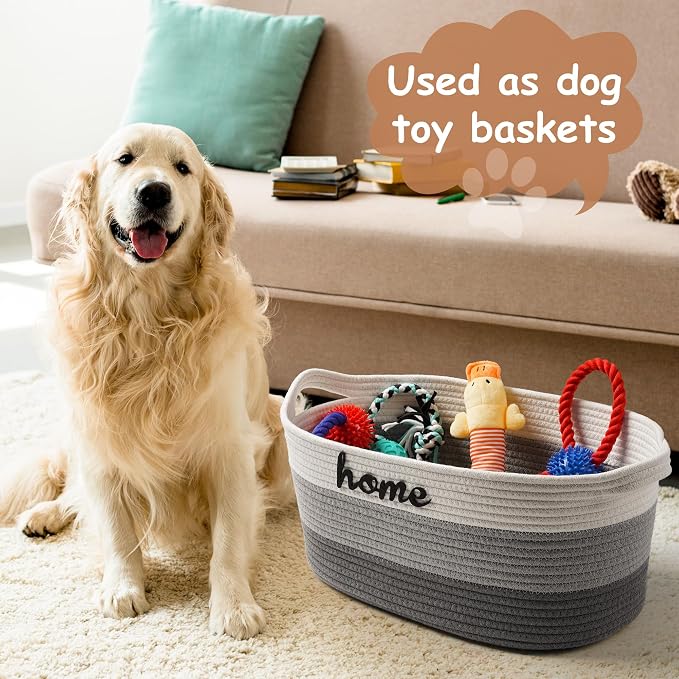 Dog Toy Basket Small Woven Baskets for Organizing Rope 22"X11"X7.9" Large Storage Basket with Handle Cute Cotton Nursery Gift Dog Toy Bins Organizer-Light Gray