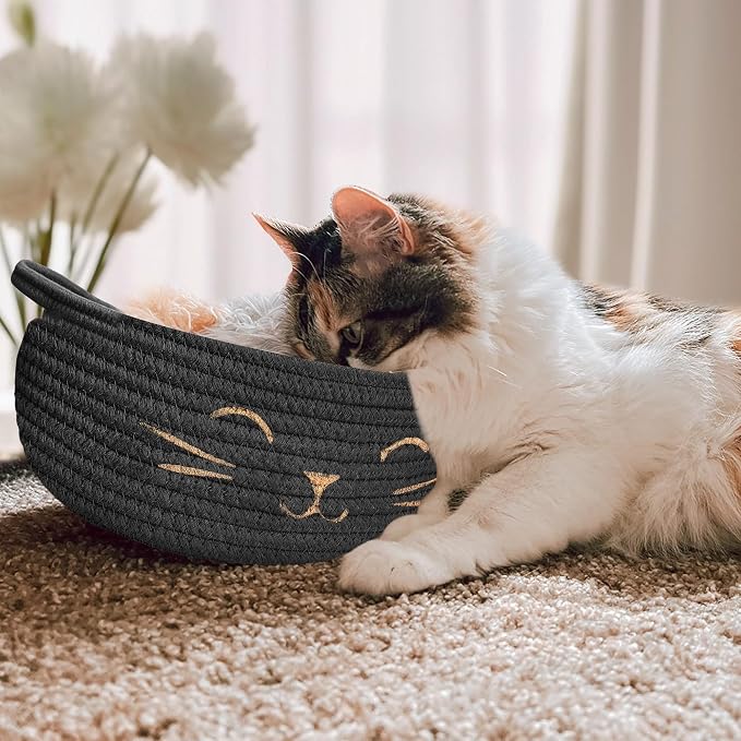 Small Cat Toy Basket, Gift Baskets Empty for Baby Shower,9.8" x 4" | Boo basket Cute Woven Rope Storage Basket for Home Decor, Baby Baskets for Nursery, Cat Pet toy box, Black