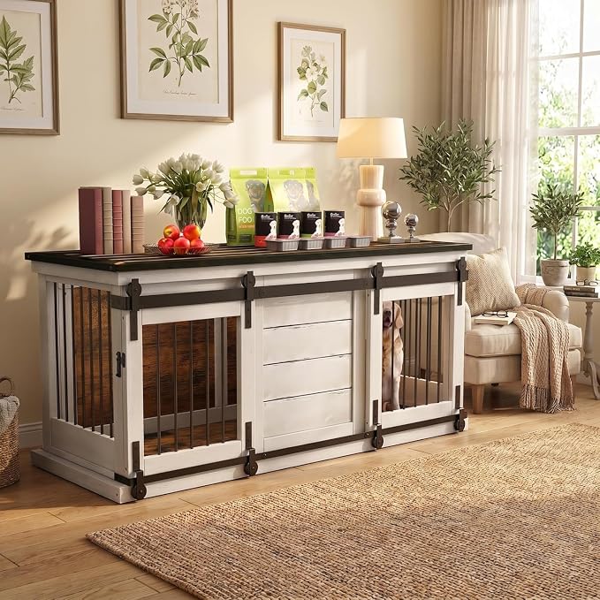 62" Farmhouse Dog Crate Furniture for 2 Large Dogs, Distressed White | Solid Wood Crate Furniture, Removable Divider, Dual Sliding Barn Doors, 2 Locks, Spacious Design, Heavy-duty TV Stand.