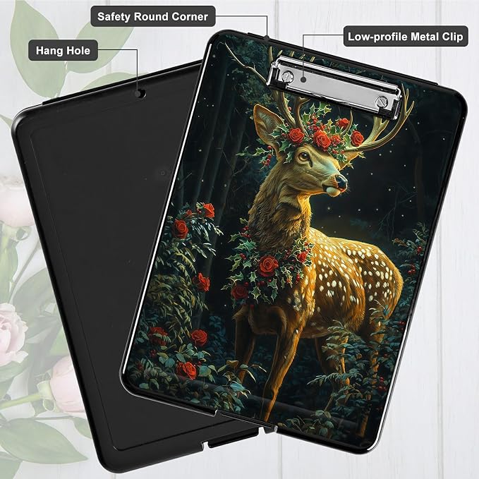 Heavy Duty Storage Clipboard, Slim Nursing Clipboard with Internal Pen Case, Portable File Organizer Case for A4 Letter Size Paper Office Medical Professionals, Rose Forest Deer