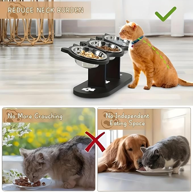 2026 Raised Cat Bowls for Indoor Cats,15° Tilt Raised Pet Feeding Bowl Stand - Adjustable Height Dog and Cat Bowl Holder with 3 Stainless Steel Bowls -Elevated Feeder for Indoor Pets