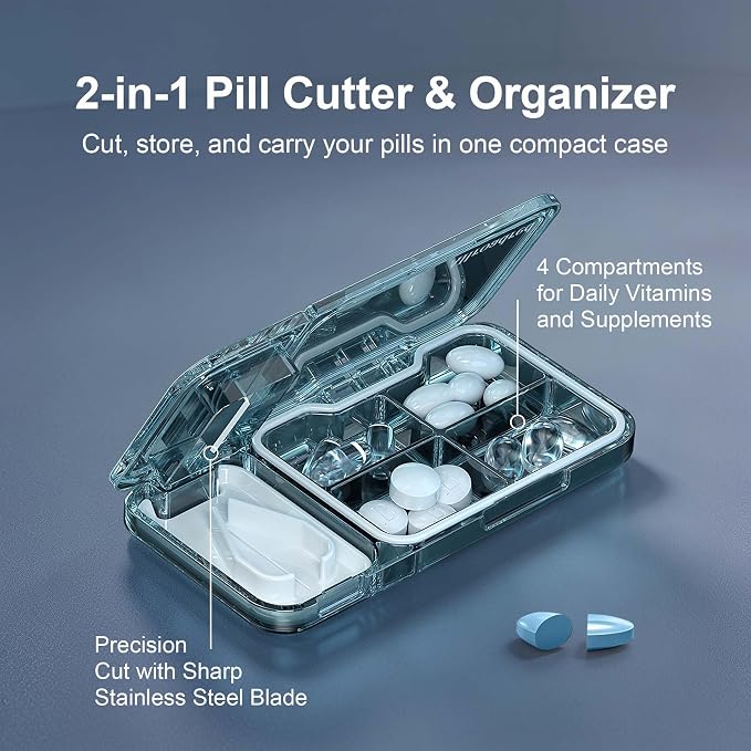 2-in-1 Pill Cutter and Splitter with Pill Organizer, Airtight Moisture-Proof Pill Case, Stainless Steel Blade for Tablets, Vitamins & Supplements, Travel Pill Case (Vast Sea Blue)