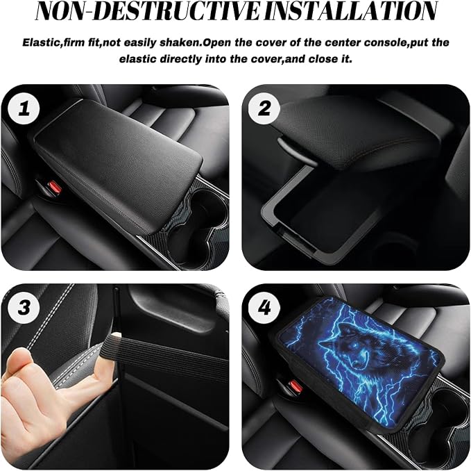 Howilath Car Armrest Cover Pad, Universal Center Console Cushion | Blue Lightning Wolf Arm Rest Cover. Soft & Comfortable, Washable Fits for Cars, Suvs, Vans, And Trucks