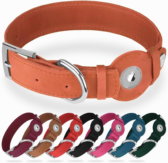 Leather Dog Collar with Airtag Holder - Apple Air Tag Dog Collars - Soft Tracking GPS Pet Collar for Small Medium Large Dogs Breed Puppy (Tawny, L, 15"-19" Neck Fit)