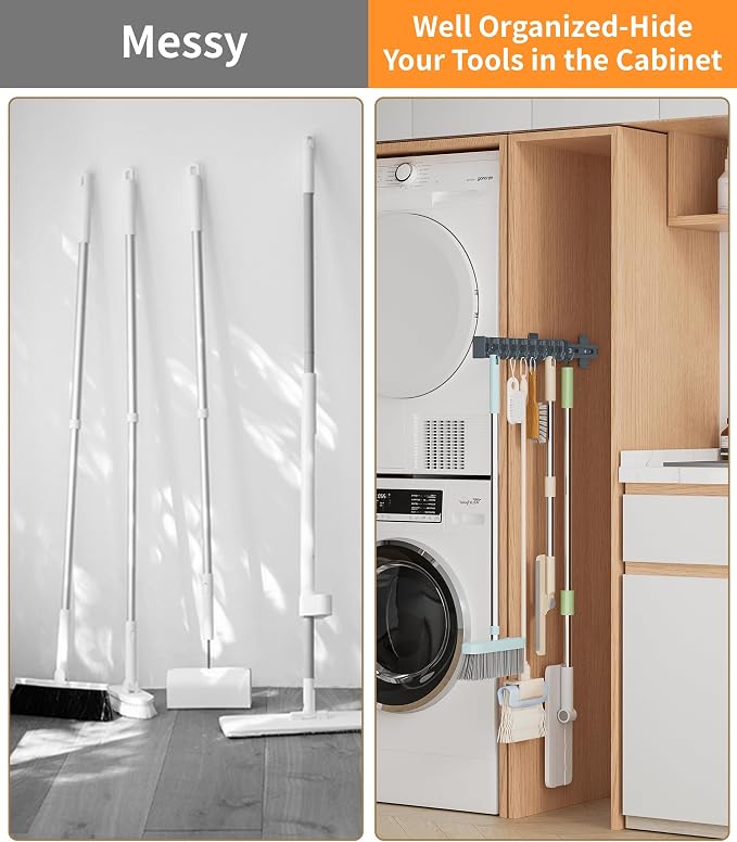 Pull Out Broom Holder With 9 Adjustable Row Sliding Hook-Dark Grey 16.14in | High Load Capacity, Multifunctional Slide Broom And Mop Storage/Organizer Garage Organization Hook, for Closet Laundry Garage