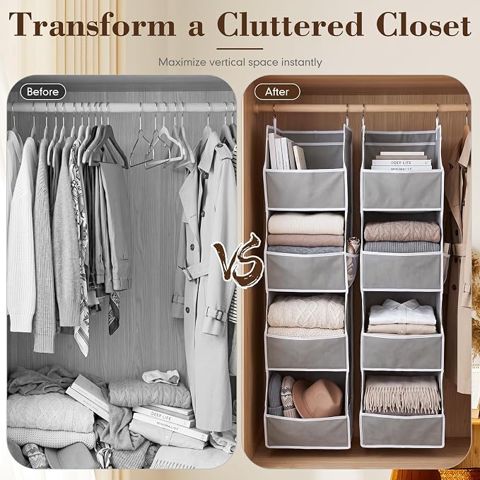 Novabright 2 Pack Hanging Closet Organizer, 4-Shelf Gray Closet Hanging Shelves with Side Mesh Pockets and Metal Hooks, Foldable Fabric Storage Organizer for Clothes, Shoes, Bags, Bedroom, Nursery