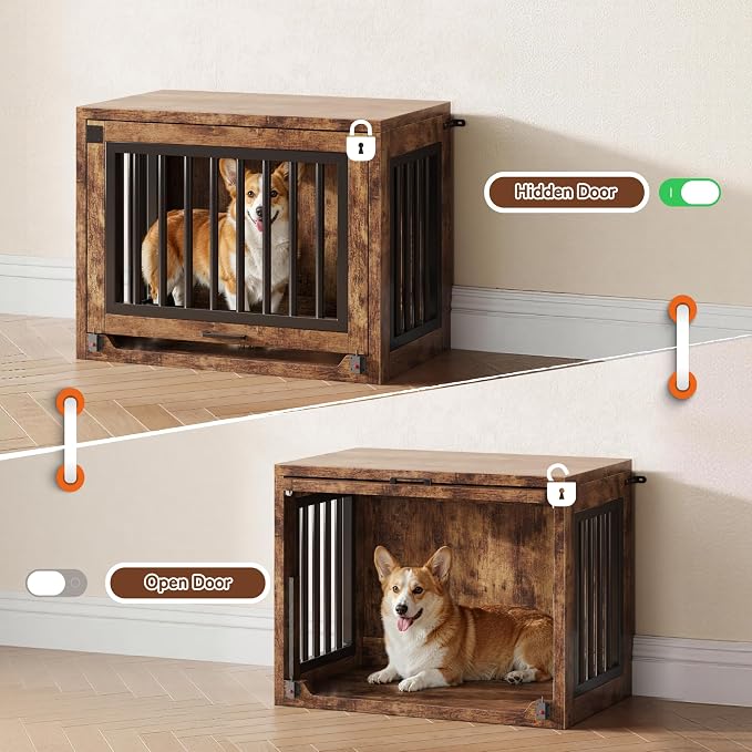 30" Small Dog Crate Furniture, Wooden Dog Kennel for Dogs up to 30 lbs, Heavy Duty Indoor Dog Cage with Hidden Sliding Door, Secure Safety Lock and Quiet Pads, Rustic Brown