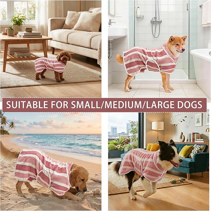 Fast Drying Dog Bath Robe, Super Absorbent Stripes Dogs Towel, Adjustable Warm Keeping Pet Puppy Bath Supplies (Red, L)