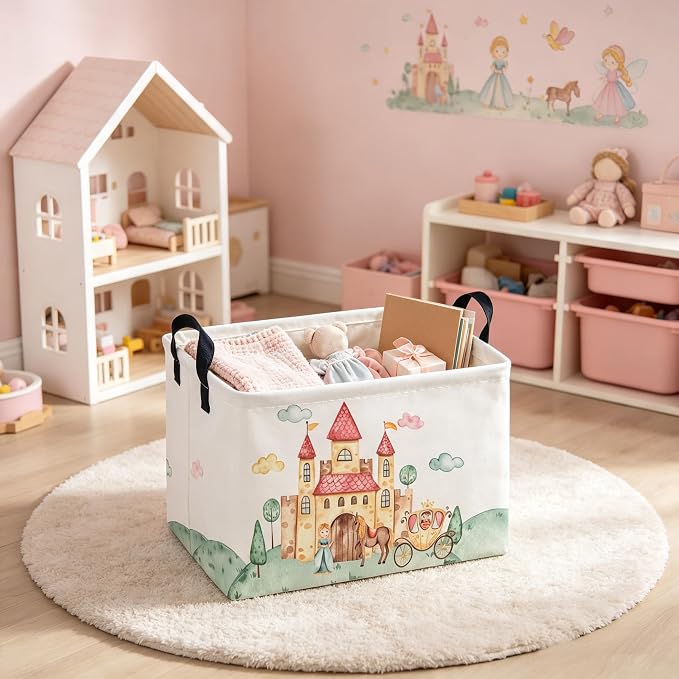 Rectangular Pink Princess Storage Basket,Cute Basket for with Handles for Room Decor,Gift Baskets,Girl pink room decor(Watercolor castle)
