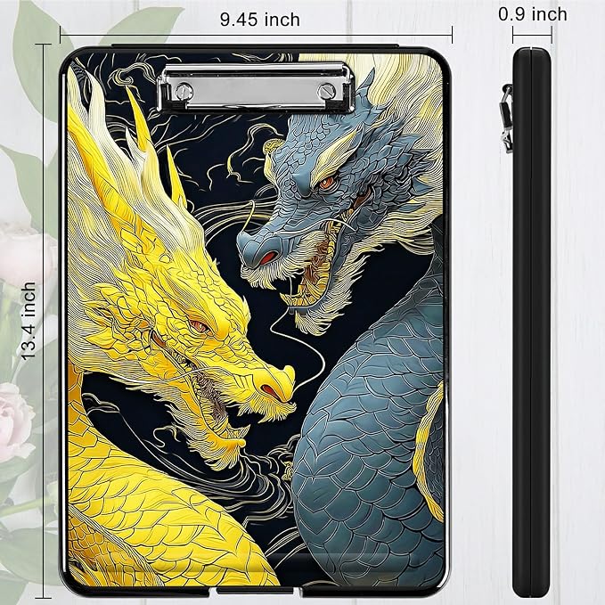 Heavy Duty Storage Clipboard, Slim Nursing Clipboard with Internal Pen Case, Portable File Organizer Case for A4 Letter Size Paper Office Medical Professionals, Gray-Yellow Dragon
