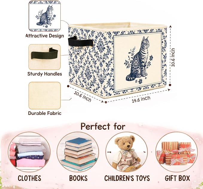 Blue Floral Cat Storage Bin, Foldable Fabric Organizer | Blue floral cat storage bin with vintage porcelain style for toys, books, clothes, pet items, shelves, and rooms.