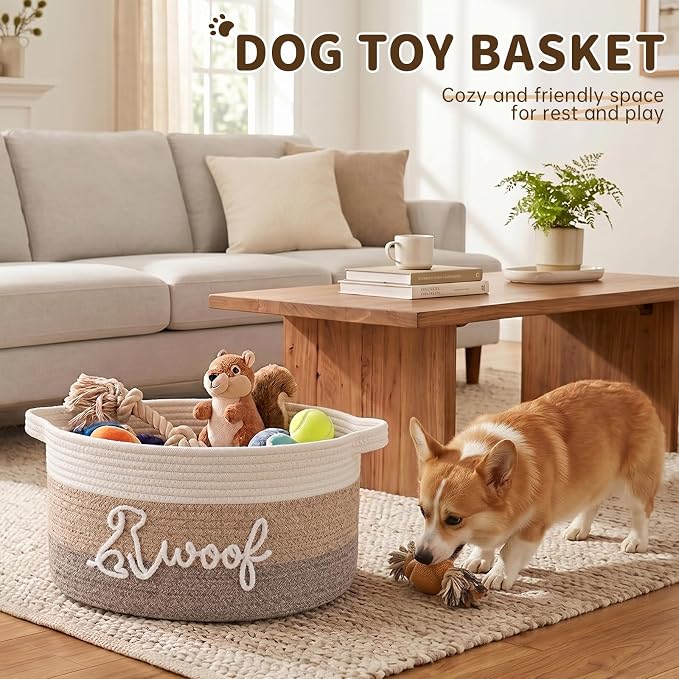 OIAHOMY 22L Large Dog Toy Basket, 16.5"x11.4"x9" Cotton Rope Basket with Cute Woof Embroidery, Soft Woven Pet Toy Box with Handles for Blankets, Leashes & Puppy Accessories, Decorative Organizer Brown