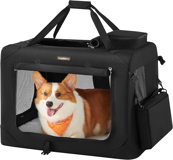 Feandrea Collapsible Soft Dog Crate, Portable Travel, 28 Inches | Dog Carrier Kennel with Safety Zippers for Living Room, Car, Travelling, Black UPDC70H