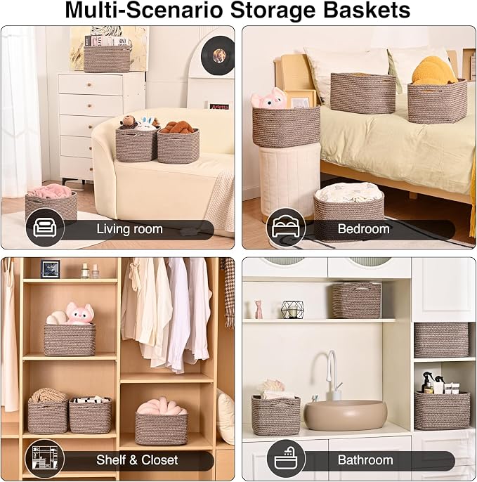 ICERZCZ Storage Baskets for Organizing 12.5x9.1x7.9 Mixed Dark Brown | Storage Bins for Shelves, Woven Cotton Rope Basket for Books Toys Clothes Bedroom Living Room Nursery Bathroom, 4 Packs