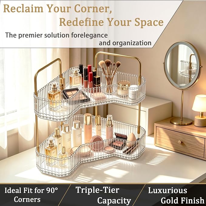 2-Tier Corner Bathroom Organizer, Skincare Vanity Counter Shelf Clear | Premium PET Perfume Display Stand with Gold Metal Rods, Space-Saving 90 Degree Storage Rack for Dresser