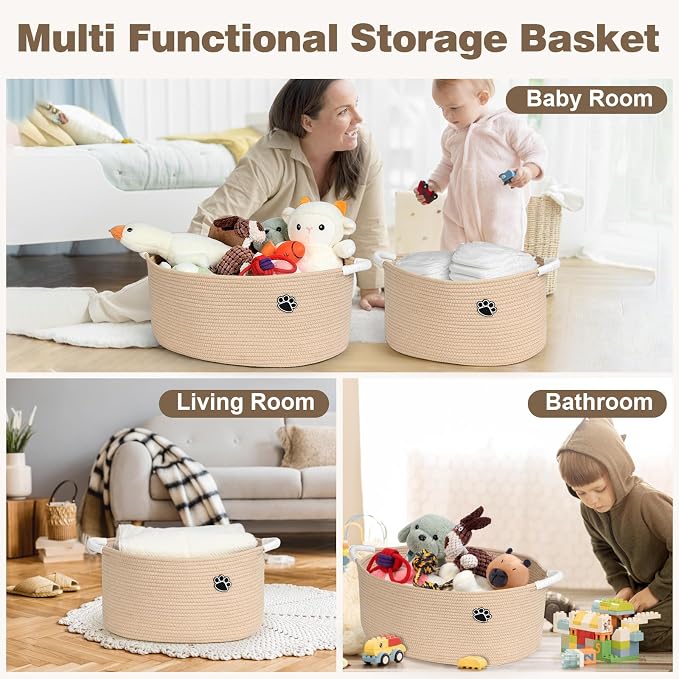 Optish 40L Extra Large Dog Toy Basket, 20" x 14" x 9" XL Toy Storage Box and Bin with Handles, Woven Cotton Rope Foldable Basket for Blankets, Living Room, Bedroom, Home Decor, Camel