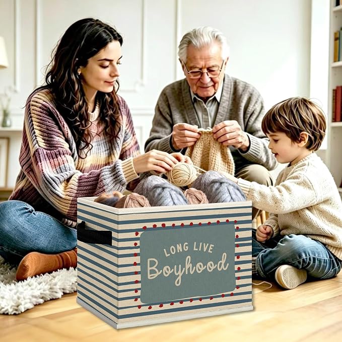 Boy Nursery Cube Storage Bins with Handles, Long Live Boyhood Blue Striped Collapsible Fabric Storage Basket Boxes Books Clothes Organizer for Kids Boys Room Bedroom Playroom Bathroom