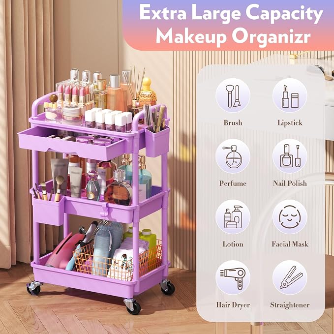 SUNALLY Makeup Cart Organizer with Drawer,3 Tier Rolling Makeup Cart,Purple | Rolling Vanity Storage for Skin Care Perfume Nail Polish, Floor Skincare Organizers Cosmetics Display Bathroom Storage Cart