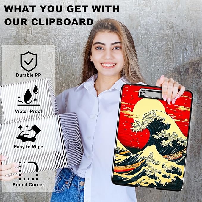 Red Sky Waves A4 Clipboard with Storage Pen Holder, Clipboards Organizer Nursing Clipboard Foldable File Folder Plastic Clipboard Folio Clip Board for Office Students Classroom Doctor