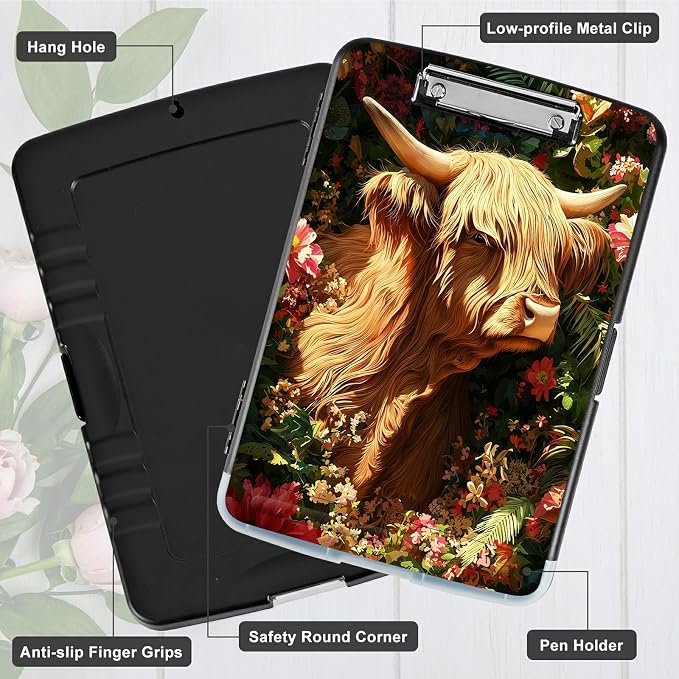 A4 Clipboard with Storage Pen Holder, Clipboards Organizer Nursing Clipboard Foldable File Folder Plastic Clipboard Folio Clip Board for Office Work Classroom Doctor, Grass Grass Field Cow