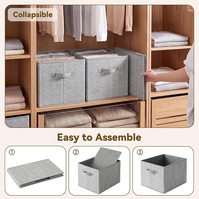 GRANNY SAYS Closet Storage Bins with Handles, Gray, Large, 3-Pack | Storage Baskets for Organizing, Fabric Storage Bins with Handles, Clothing Storage Containers for Wardrobe