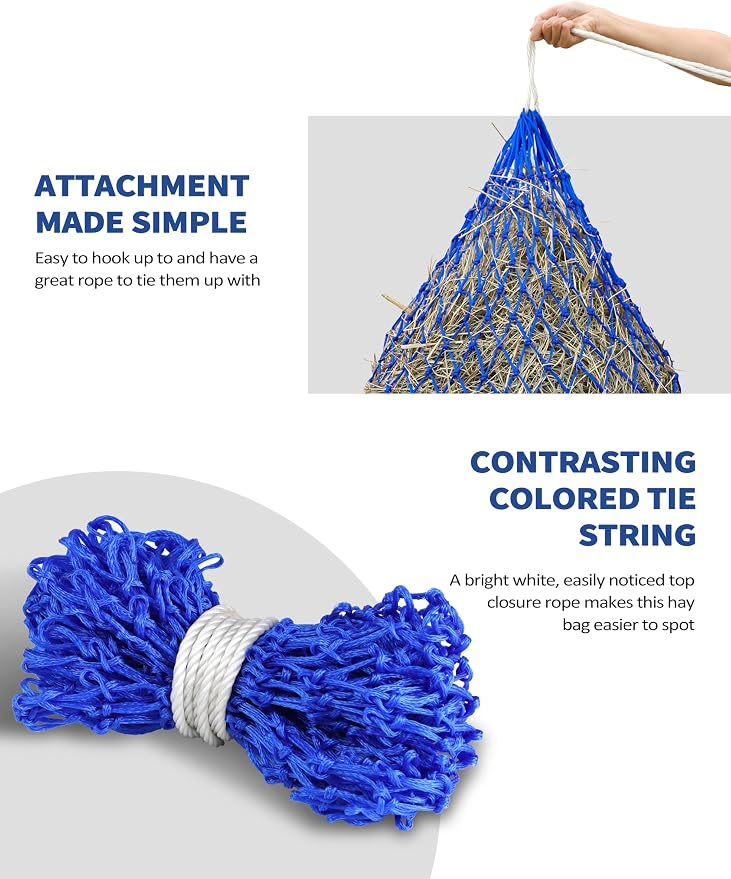 Harrison Howard 2 PCS Slow Feed Hay Net for Horses, 40 Inch Hay Bag Holds 1–2 Flakes, 2 Inch Mesh Durable Hanging Feeder for Stable, Pasture & Livestock-Blue & Black