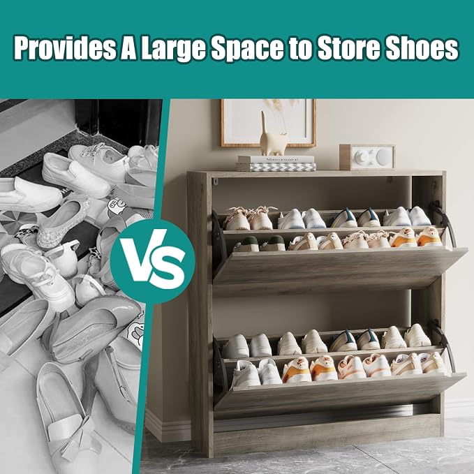 Xixini Shoe Storage Cabinet for Entryway with 2 Flip Drawers, Sturdy Wood Hidden Shoe Storage, Freestanding Narrow Slim Shoe Organizer for Front Door Entrance, Living Room, Hallway, Bedroom, Grey