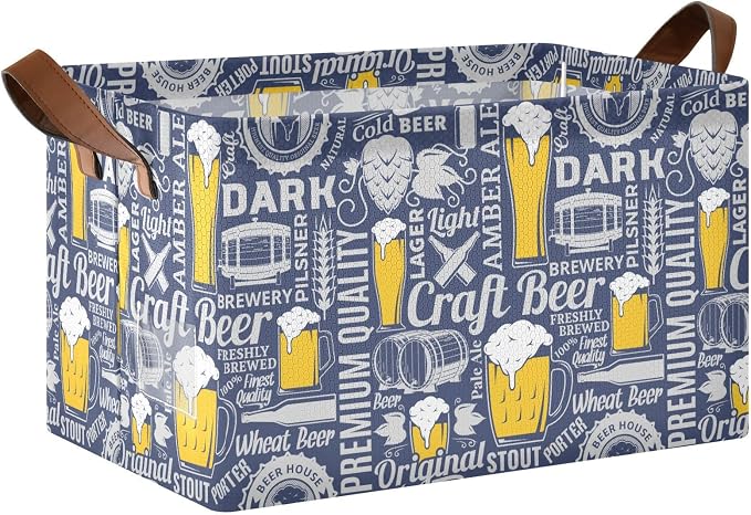 Retro Vintage Beer Storage Bins for Shelves with Labels&Handles Fabric Organizer Bin Foldable Rectangle Blue and Yellow Storage Basket Craft Beer Boxes for Closet, Bathroom, Home, Living Room