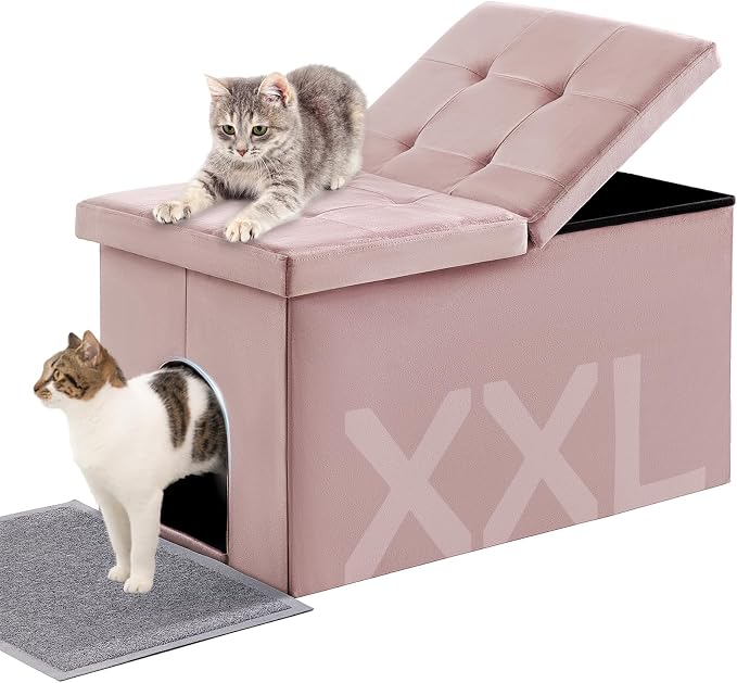 MEEXPAWS Cat Litter Box Enclosure Furniture XXL Velvet Lift Design Lid | Extra Large Hidden Cat Washroom Bench Ottoman, Storage Cabinet Dog Proof, Urine Proof, Easy Clean, Quick Assembly, Pink