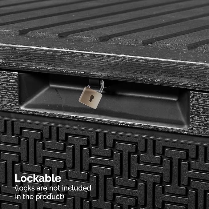 90 Gallon Outdoor Storage Box with Maze Texture, Waterproof Resin Deck Box for Patio Furniture Cushions, Lockable & Weather Resistant Garden Bin for Pool Toys & Tools, Black