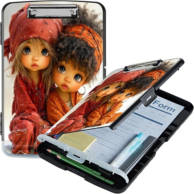A4 Clipboard with Storage Pen Holder, Clipboards Organizer Nursing Clipboard Foldable File Folder Plastic Clipboard Folio Clip Board for Office Work Classroom Doctor, Two Little Girls