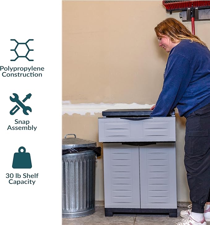Sunnydaze 34.5" Garage Storage Cabinet with Adjustable Shelf, Gray | Heavy Duty Resin Storage Cabinet Resists Rust & Peeling, Utility Cabinet with Drawer & Anti-Tip Kit for Laundry, Office