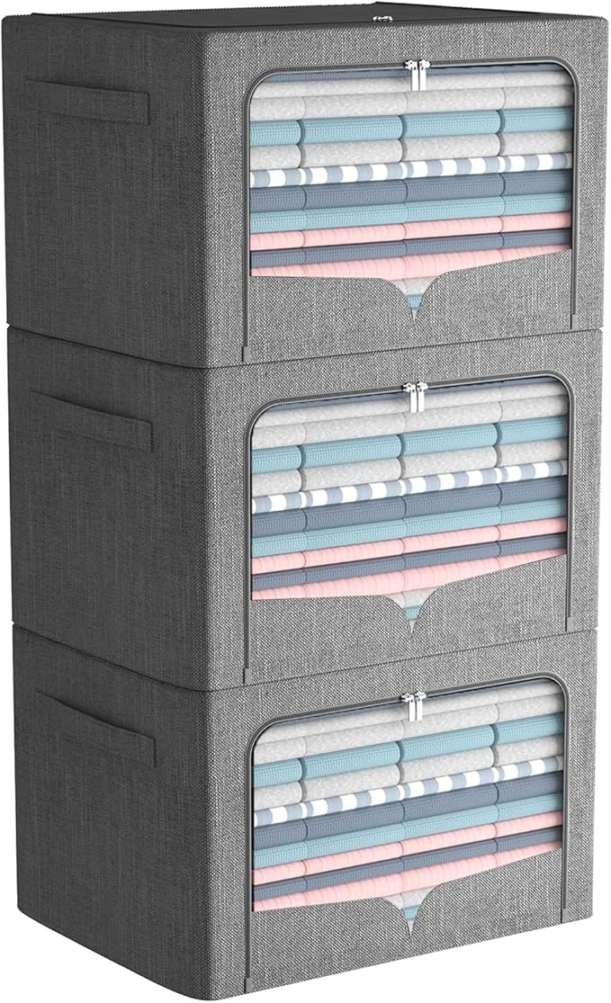 FHSQX 3 Pack Clothes Storage Bins with Metal Frame | Dark Gray, 19.7x15.7x13inch (66L) Foldable , Stackable, Linen Fabric, Carrying Handles, Clear Window