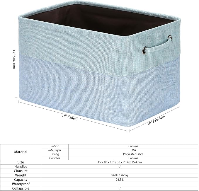 Sea Team Large Rectangle Canvas Open-Top Storage Baskets, 3-Pack | Collapsible Fabric Storage Bins with Handles, Closet Shelf Organizers, 15 x 10 x 10 Inches, Babyblue & Mint