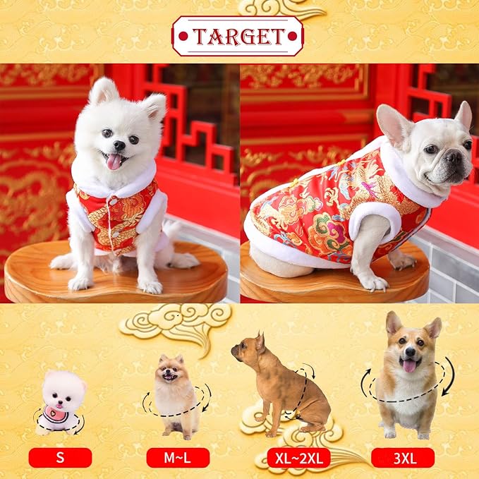 BAMY New Year Dog Dragon Robe Costume Warm Cat Cheongsam Winter Pet Clothes Vest of The Tang Dynasty Christmas Coat for Cats Teddy Bichon Small Medium Dogs (XXL (Chest Circumference 24.4in))