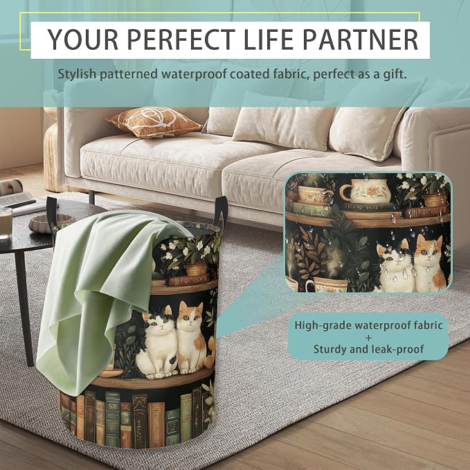 Cat Bookshelf Round Laundry Hamper Storage Basket Toys Clothes Organizer Bin For Home Bathroom Bedroom Dorm Nursery