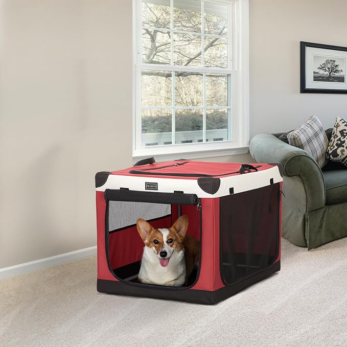 PETSFIT 30" Soft Portable Dog Crate – Patented Spiral Sturdy Frame, Collapsible Travel Kennel for Medium Dogs, 3 Mesh Door, Lockable Zippers, Indoor & Car Use Red