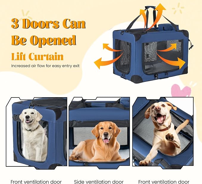 2 in 1 Rolling Dog Crate with Wheels, 24'' Collapsible Travel Pet Carrier for Medium Large Dogs, Portable Folding Kennel with 3-Door Design & Mesh Windows (Dark Blue + 36'')