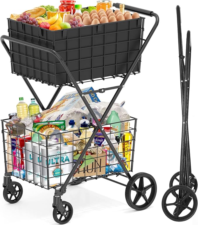 𝐍𝐄𝐖 2-Tier Large Collapsible Grocery Cart On Wheels 400lbs Shopping Cart | for Groceries with 2 Removable Baskets, Waterproof Liner, Heavy Duty Foldable Shopping Utility Cart for Seniors