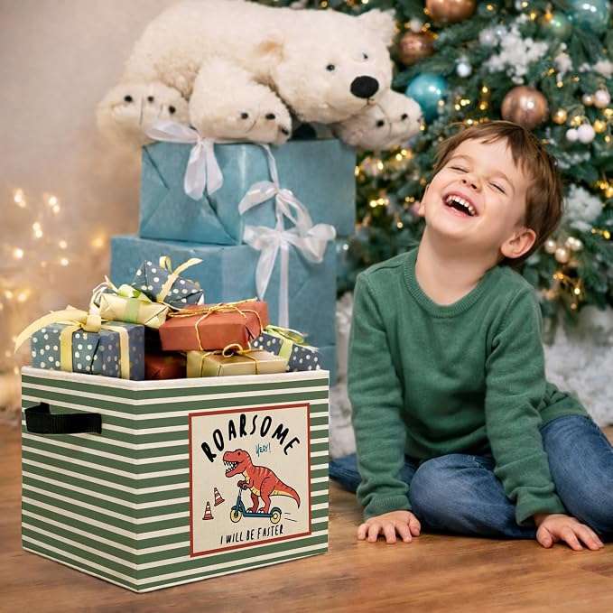 Dinosaur Storage Bin, Roarsome Green Stripe Foldable Fabric Basket | Foldable dinosaur fabric organizer for nursery, bedroom, playroom, toys, books, and clothes