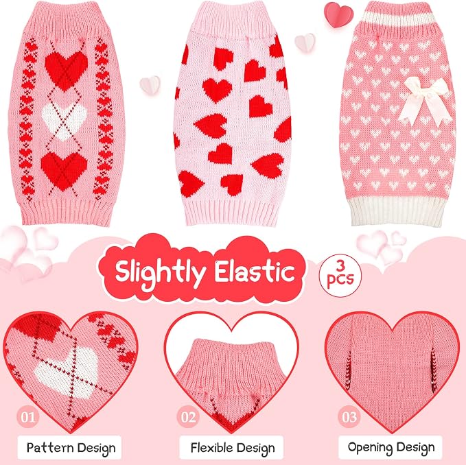 Sanwuta 3 Pieces Valentine's Day Dog Sweaters Sets Red Pink Heart Puppy Dog Sweaters Clothes Pet Knitwear for Pets Cat Pet Saint Valentine's Day Party Costume(Small)