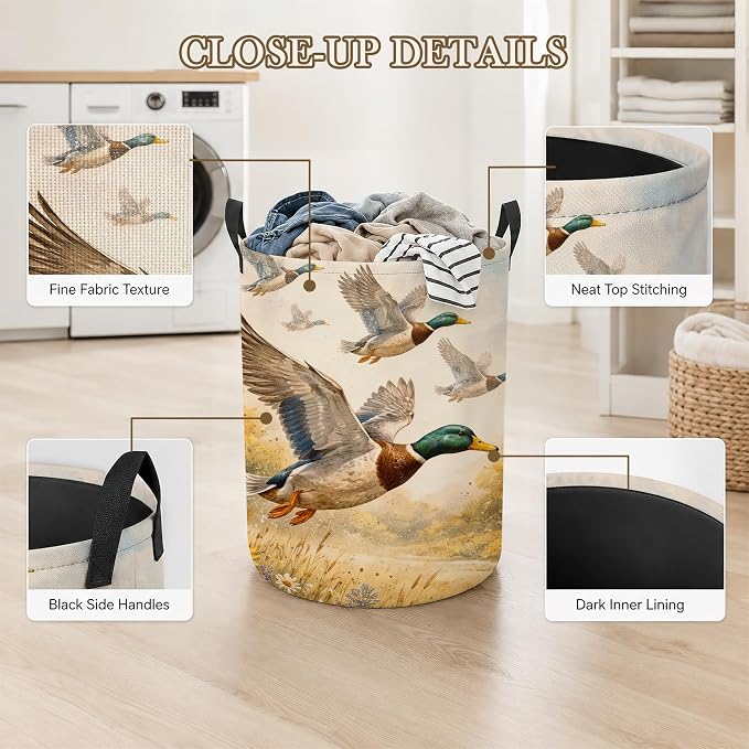 Laundry Hamper, Flying Ducks Collapsible Wildflowers Laundry Baskets Waterproof Oxford Cloth With Handles, Clothes Storage Bucket For Bathroom/Bedroom 16" x 20.8"