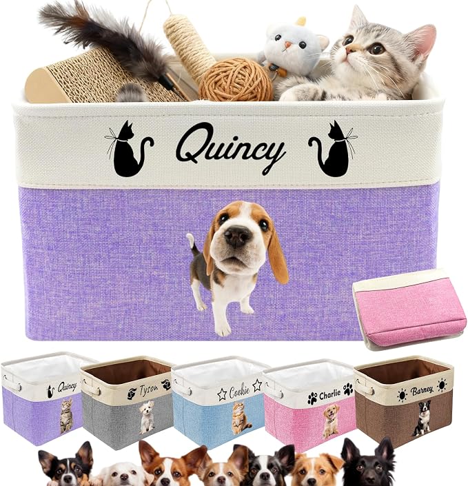 Personalized Dog Toy Basket Collapsible Storage Organizer Bin with Custom Pet Name Photo Foldable Canvas Box for Toys, Treats, Leash, Clothes Blankets Portable Handle Design
