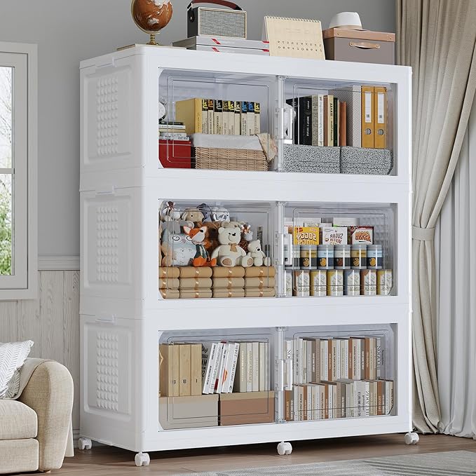 120Gal Stackable Storage Bins with Lid 3-Tier Collapsible Cabinet Closet Organizer Box with Wheels, 480QT Large Plastic Drawer Container with Doors for Clothes Kitchen Organizing, White