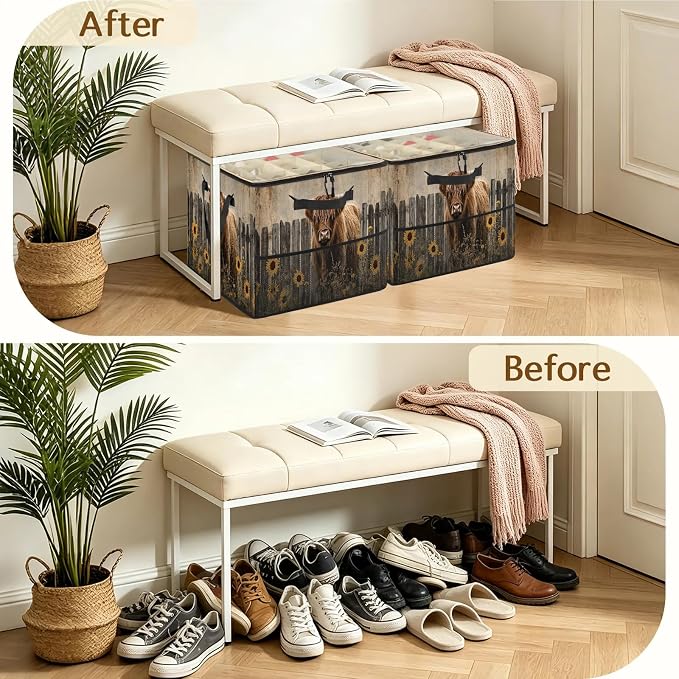 TropicalLife Brown Highland Cow Shoe Organizer for Closet | Farmhouse Country Foldable Shoe Storage Organizer Box Bin with Adjustable Dividers & Clear Cover, Fits up to 16-32 Pairs