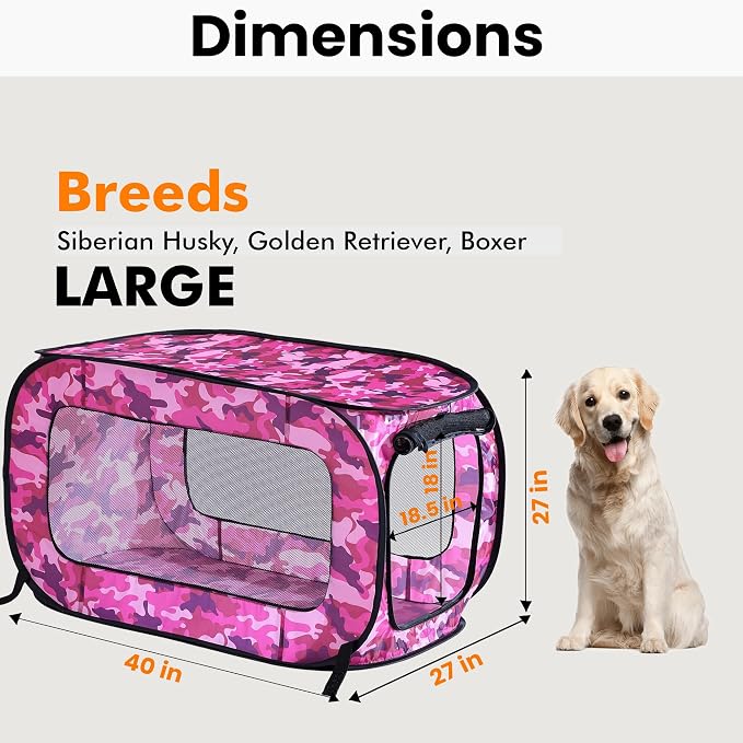 Portable Collapsible Pop Up Kennel, 40" L x 27" W x 27" H, Camo Pink | Collapsible indoor/outdoor travel cat and dog crate with mesh screen windows pops up and folds flat for easy storage