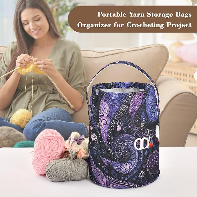 Tatenale Crochet Bag Yarn Bag Knitting Project Bag with Pockets and Handle Portable Yarn Storage Organizer Tangle Free 8.3x11 InchPurple Paisley30