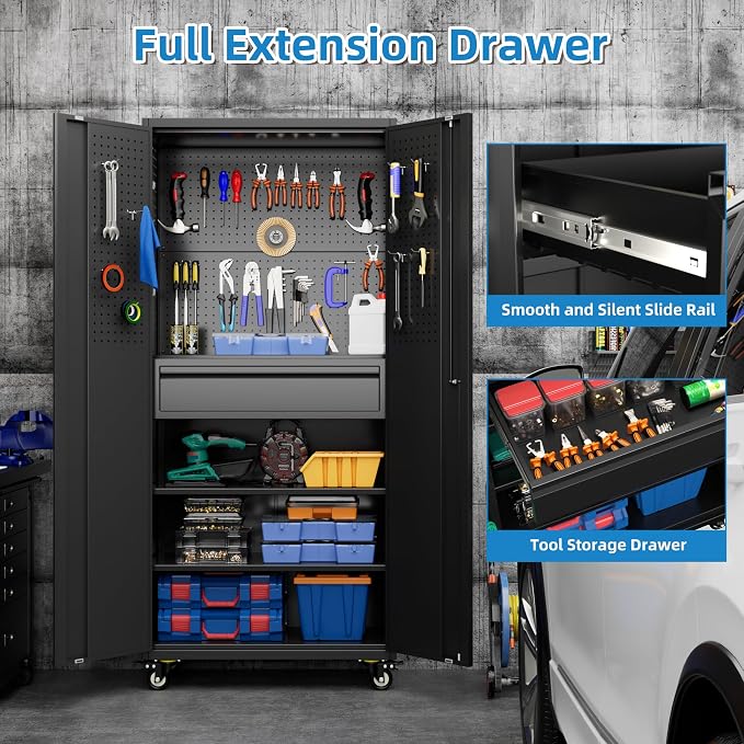 71" Rolling Metal Storage Cabinet with Lock & Pegboards, Black | 71" metal storage cabinet with 4 lockable wheels, 4 adjustable shelves, 1 drawer, and pegboards.