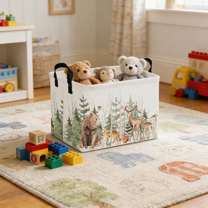 Rectangular Storage Basket,Kids Basket Animal Baskets Cute Storage Bins,Waterproof Collapsible Clothes Kids Storage Basket,Gift Basket,Animals Room Decor(Woodland Animal)