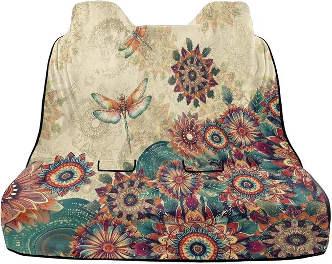 Renewold Car Back Seat Cover, Rear Bench Seat Towel Cover, for Truck SUV Van Sedan, Boho Flower Dragonfly, Towel Blanket After Gym Yoga Hiking, Car Accessories for Women Men, Picnic Blanket